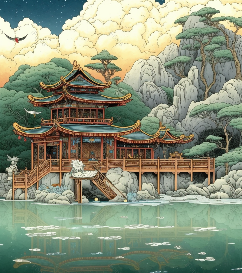中国风湖岸建筑设计背景,插画/手绘图,插画/手绘图库,插画/手绘图下载,插画/手绘